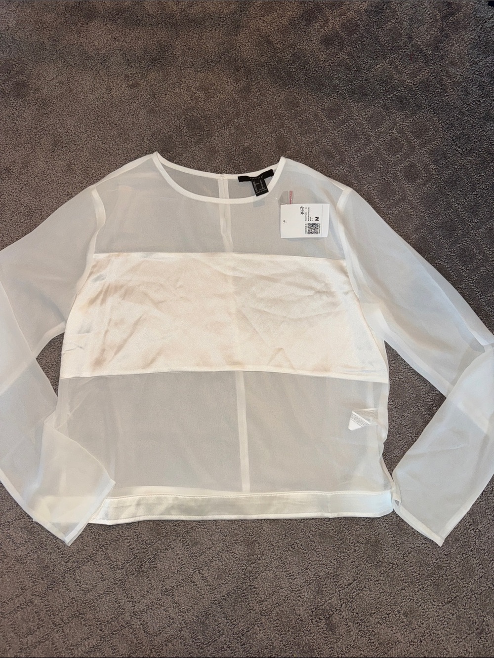 Sheer White Long-Sleeve Panel Blouse